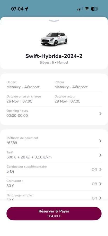 Écran de réservation et de paiement dans l'application Ecodrivy